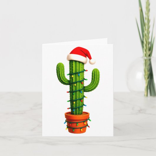 Funny Cactus Santa Hat Xmas Tree Lights Merry Chri カード (正面)