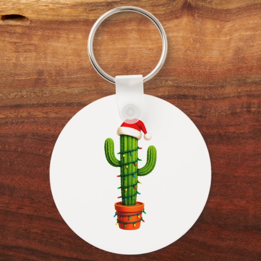 Funny Cactus Santa Hat Xmas Tree Lights Merry Chri キーホルダー (正面)