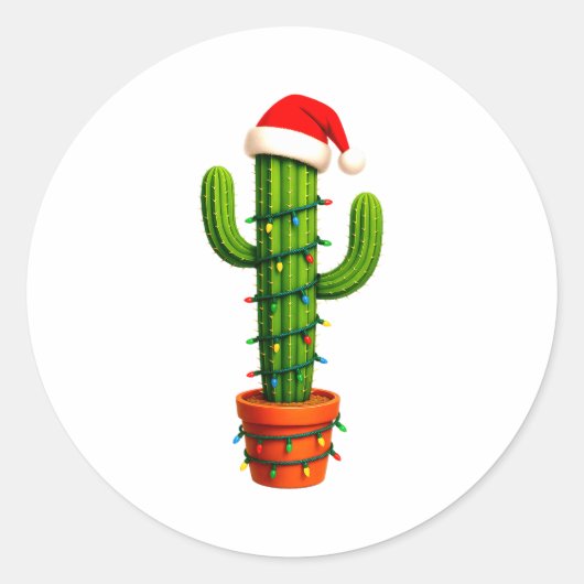 Funny Cactus Santa Hat Xmas Tree Lights Merry Chri ラウンドシール (正面)