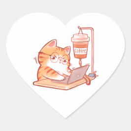 Funny Caffeinated Cat Sticker, Cute Overworked Gin ハートシール