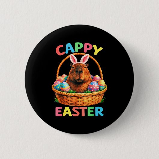Funny cappy easter capybara bunny with eggs spring 缶バッジ (正面)