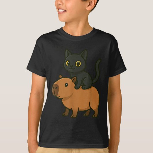 Funny Capybara Black Cat Animal Lover Mom Dad Kids Tシャツ (正面)
