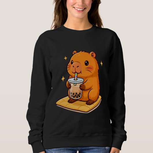Funny Capybara Bubble Tea Animal Lover Rodent, Cap スウェットシャツ (正面)