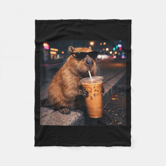 Funny capybara drinking iced coffee lover animal フリースブランケット (正面)