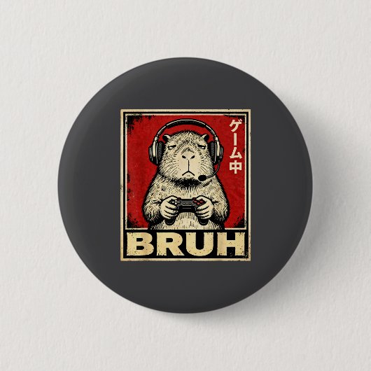 Funny Capybara Gamer Bruh Graphic Tee Men Boys Tee 缶バッジ (正面)