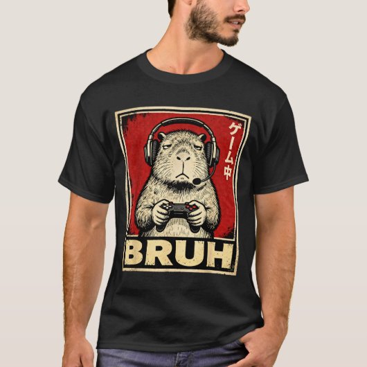 Funny Capybara Gamer Bruh Graphic Tee Men Boys Tee Tシャツ (正面)