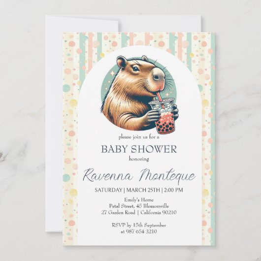 Funny Capybara Striped Personalized Baby Shower 招待状 (正面)