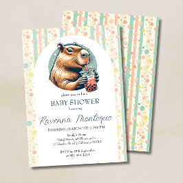 Funny Capybara Striped Personalized Baby Shower 招待状