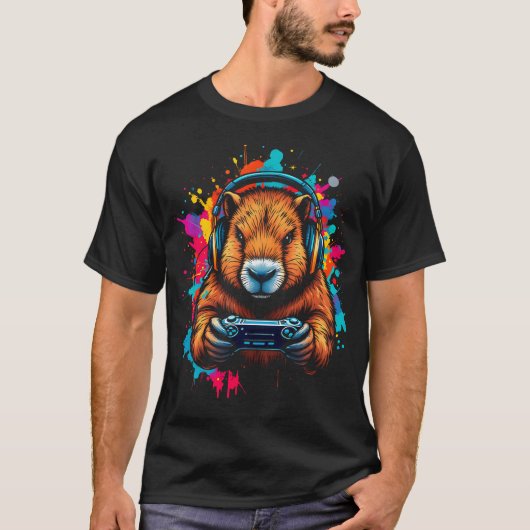 Funny Capybara Tee Gamepad Headphones Video Games  Tシャツ (正面)
