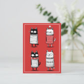 Funny Cartoon Cats Lover Red Meowy Christmas  ポストカード (スタンド正面)