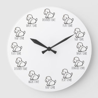 Funny Cartoon Dog Dinner Play Walk Nap Time Clock ラージ壁時計