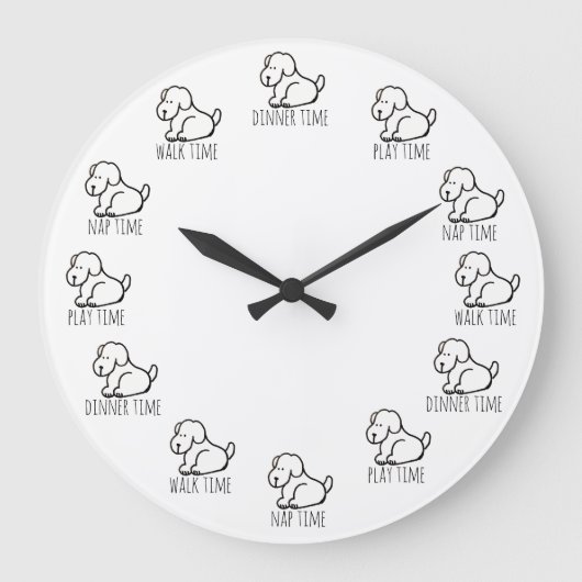 Funny Cartoon Dog Dinner Play Walk Nap Time Clock ラージ壁時計 (正面)