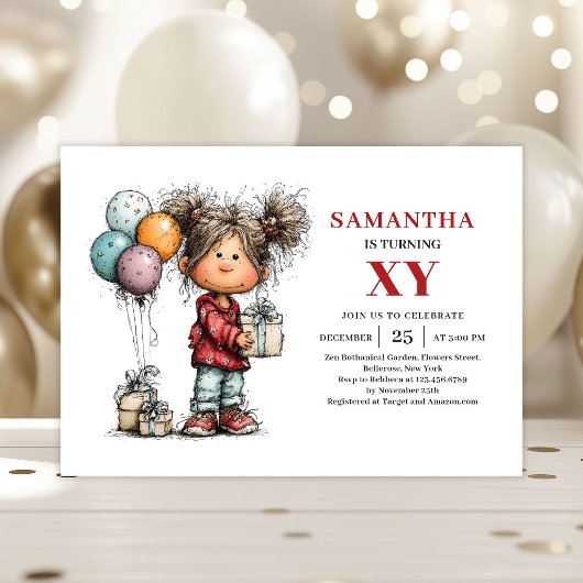 Funny Cartoon Girl Birthday Playful invitation 招待状