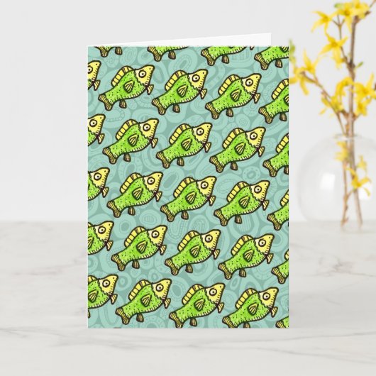Funny Cartoon Green Fish Drawing カード (黄色い花)