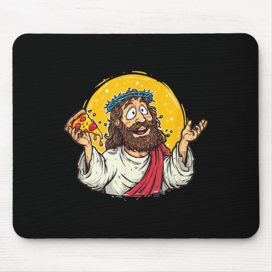Funny Cartoon Jesus Christ With Pizza Slice Costum マウスパッド (正面)
