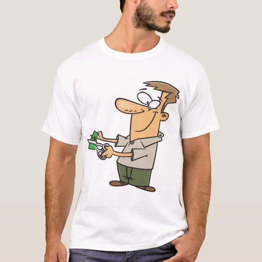 Funny Cartoon Man Cutting Dollar Bill Tシャツ (正面)