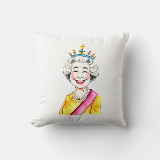 Funny Cartoon Queen Elizabeth II Royal Portrait クッション (正面)
