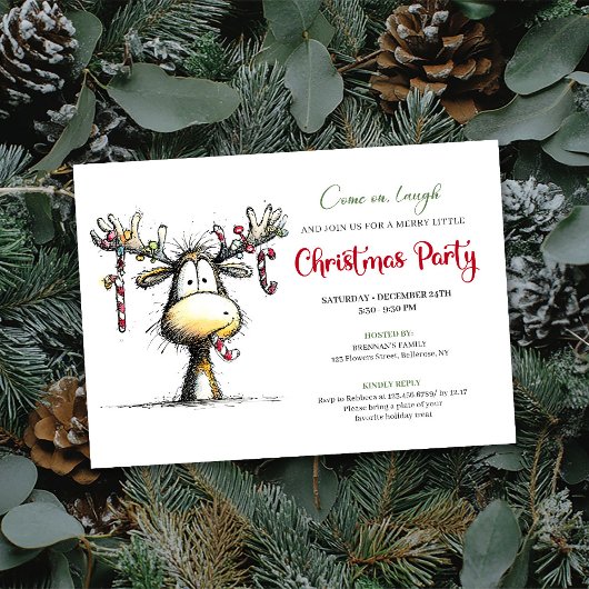Funny cartoon reindeer Christmas party invitation 招待状