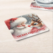 Funny Cartoon Santa Rudolph Christmas Drink Coaste スクエアペーパーコースター (アングル)