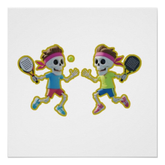 Funny Cartoon Skeletons Playing Padel Tennis – 3D  ポスター (正面)