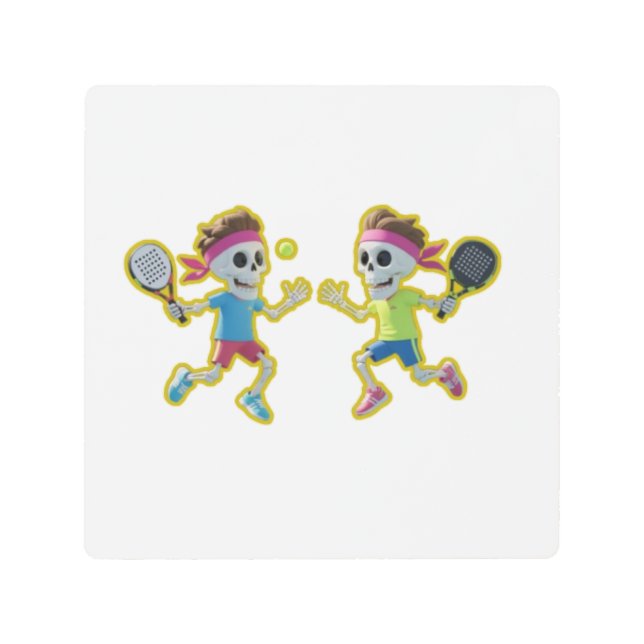 Funny Cartoon Skeletons Playing Padel Tennis – 3D  メタルプリント (正面)