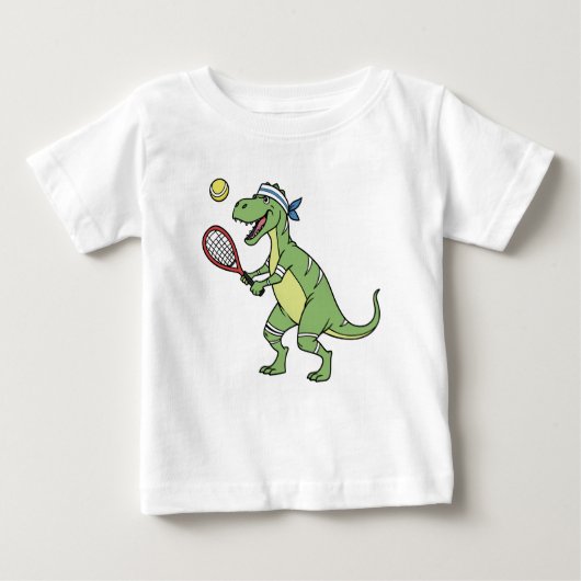  Funny Cartoon T-Rex Playing Tennis Dinosaur ベビーTシャツ (正面)