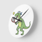 Funny Cartoon T-Rex Playing Tennis Dinosaur ラウンド壁時計 (傾斜)
