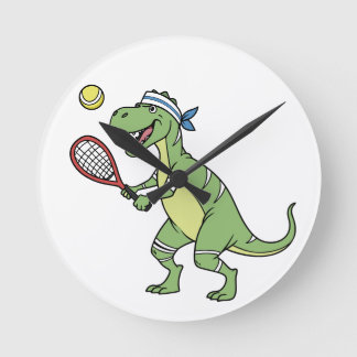 Funny Cartoon T-Rex Playing Tennis Dinosaur ラウンド壁時計