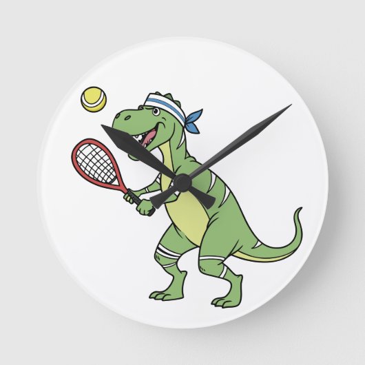  Funny Cartoon T-Rex Playing Tennis Dinosaur ラウンド壁時計 (正面)