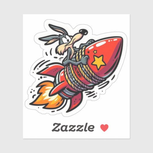 Funny Cartoon Wolf on Rocket Sticker - Retro Acme  シール (シート)