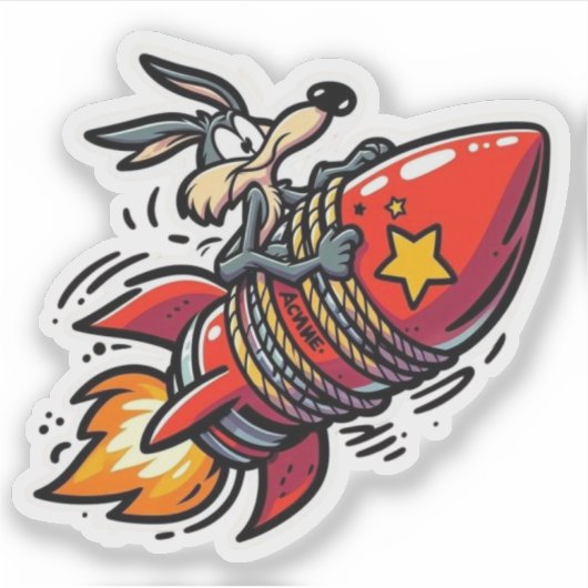 Funny Cartoon Wolf on Rocket Sticker - Retro Acme  シール (正面)