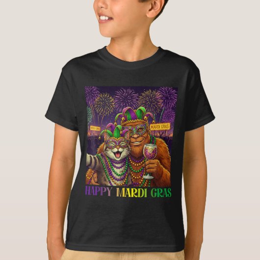 Funny Cat Bigfoot Selfie Mardi Gras Carnival Party Tシャツ (正面)