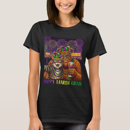 Funny Cat Bigfoot Selfie Mardi Gras Carnival Party Tシャツ (正面)