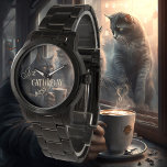 Funny Cat Caturday Coffee 腕時計<br><div class="desc">Artistic watch featuring a painting of a grumpy cat having a coffee. Add your own funny or other texts.</div>