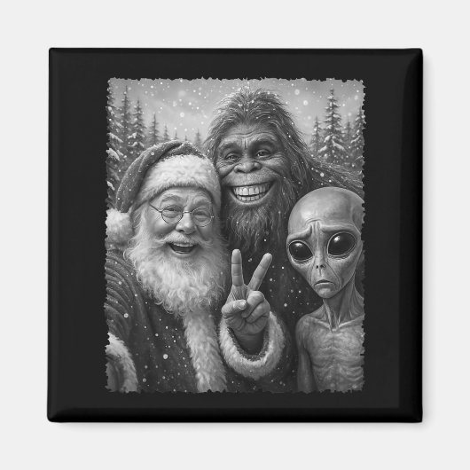 Funny Cat Christmas Bigfoot Alien Santa Snow Selfi マグネット (正面)