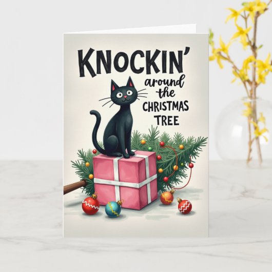 Funny Cat Christmas Card Knockin Around The Tree カード (黄色い花)