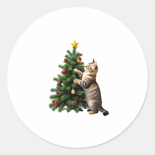 Funny Cat Christmas Tree Xmas Gifts Men Women Kids ラウンドシール (正面)