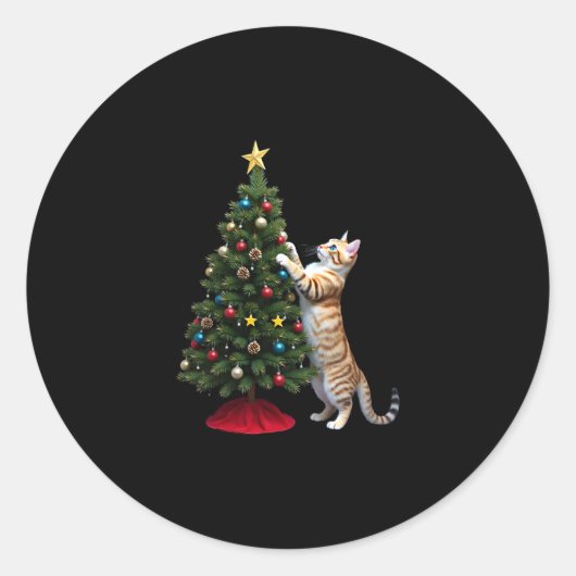 Funny Cat Christmas Tree Xmas Gifts Men Women Kids ラウンドシール (正面)