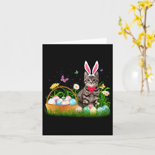 Funny Cat Easter Day Bunny Eggs カード (黄色い花)