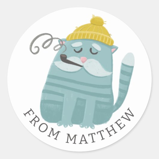 Funny Cat Fisherman & Sailor. Nautical Party Favor ラウンドシール (正面)