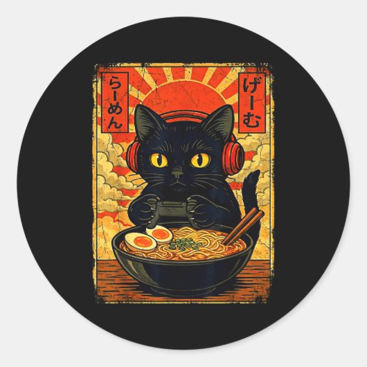 Funny Cat Gamer Men Anime Kawaii Gaming Headset Ca ラウンドシール (正面)