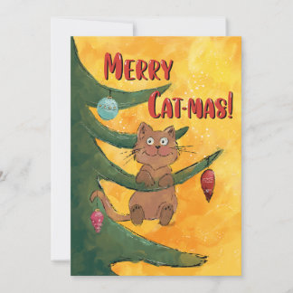 Funny Cat Hanging from a Branch of the Christmas シーズンカード