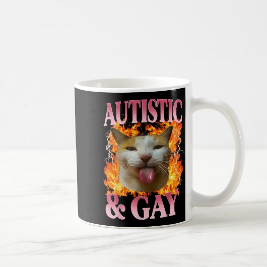 Funny Cat Humor Saying Autistic And Gay Cat Meme Q コーヒーマグカップ (右)