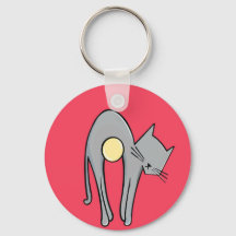 Funny Cat Keychain – Minimal Grey Kitty on Red