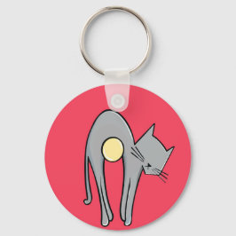 Funny Cat Keychain – Minimal Grey Kitty on Red キーホルダー