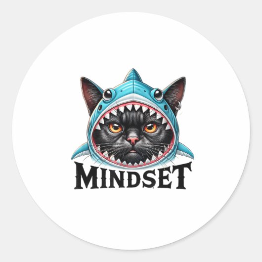 Funny Cat, Mindset Motivational Saying, Shark ラウンドシール (正面)