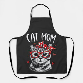 Funny Cat Mom with Glasses & Bandana Black Kitchen エプロン