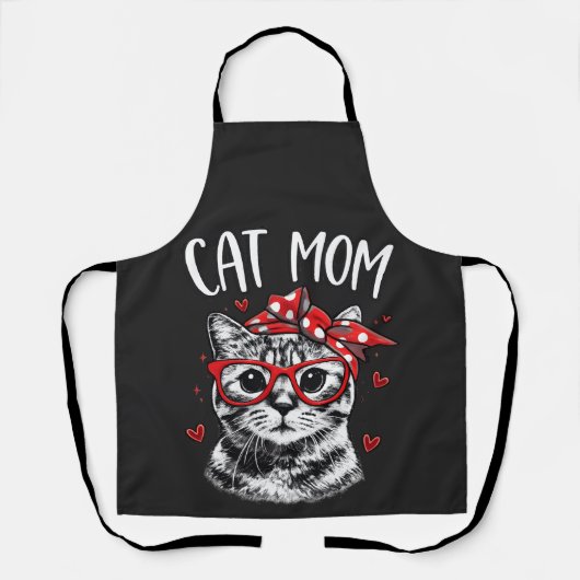 Funny Cat Mom with Glasses & Bandana Black Kitchen エプロン (正面)