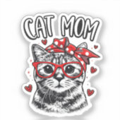 Funny Cat Mom with Glasses & Bandana Cute Cat  シール (正面)
