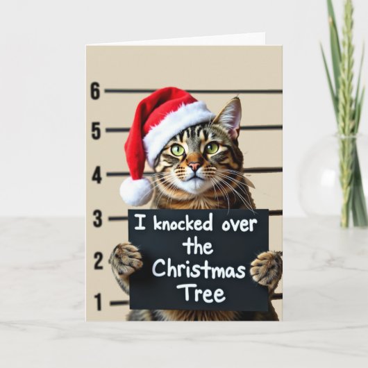 Funny Cat Mugshot Christmas Card Tree Knocker カード (正面)